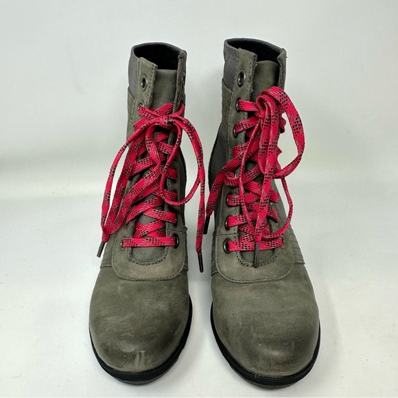 Sorel Lexie Leather Distressed Wedge Waterproof Boots Size 7.5 Grey Olive Green - Picture 5 of 15